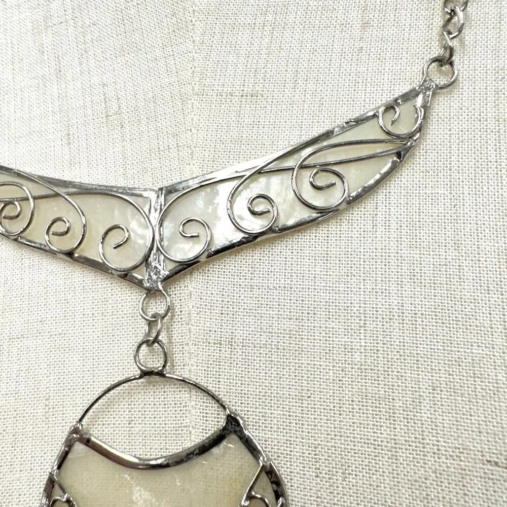 FairTrade Handcrafted Silver Scroll Metal Necklace With Abalone Shell Insert‎